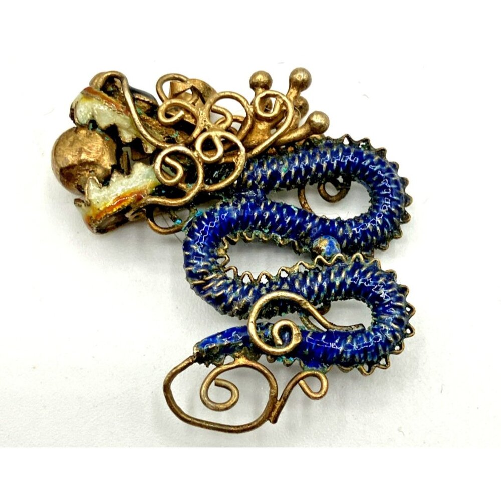 Vintage Antique ROC Chinese Dragon Pendant Enamel Silver Flaming Pearl
